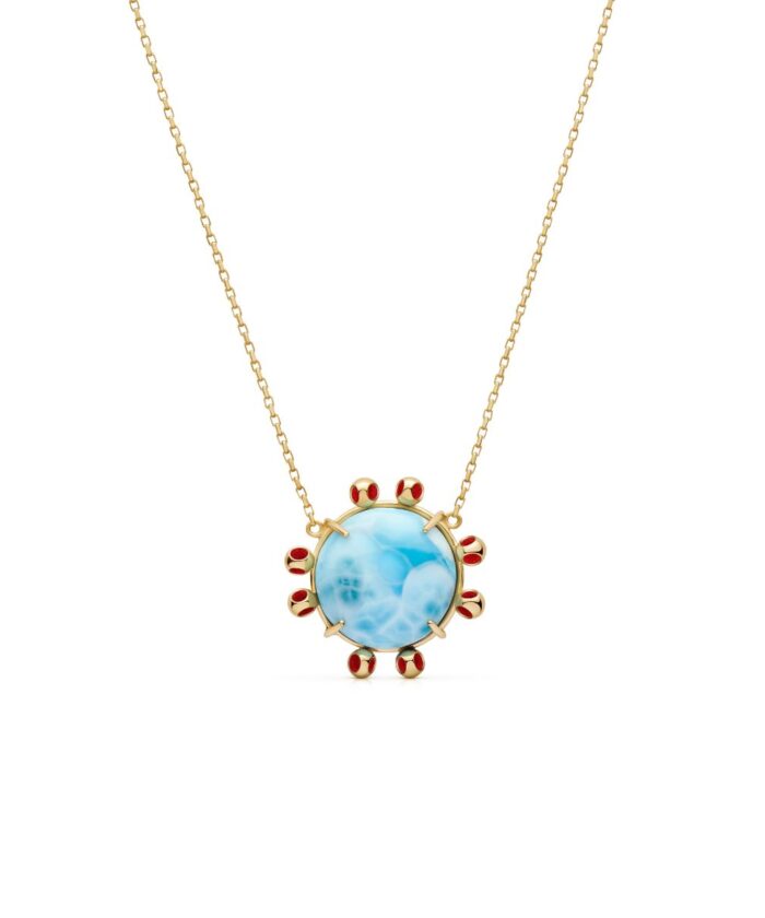 Elegant Larimar pendant necklace with red accents, perfect for stylish beach or summer looks.