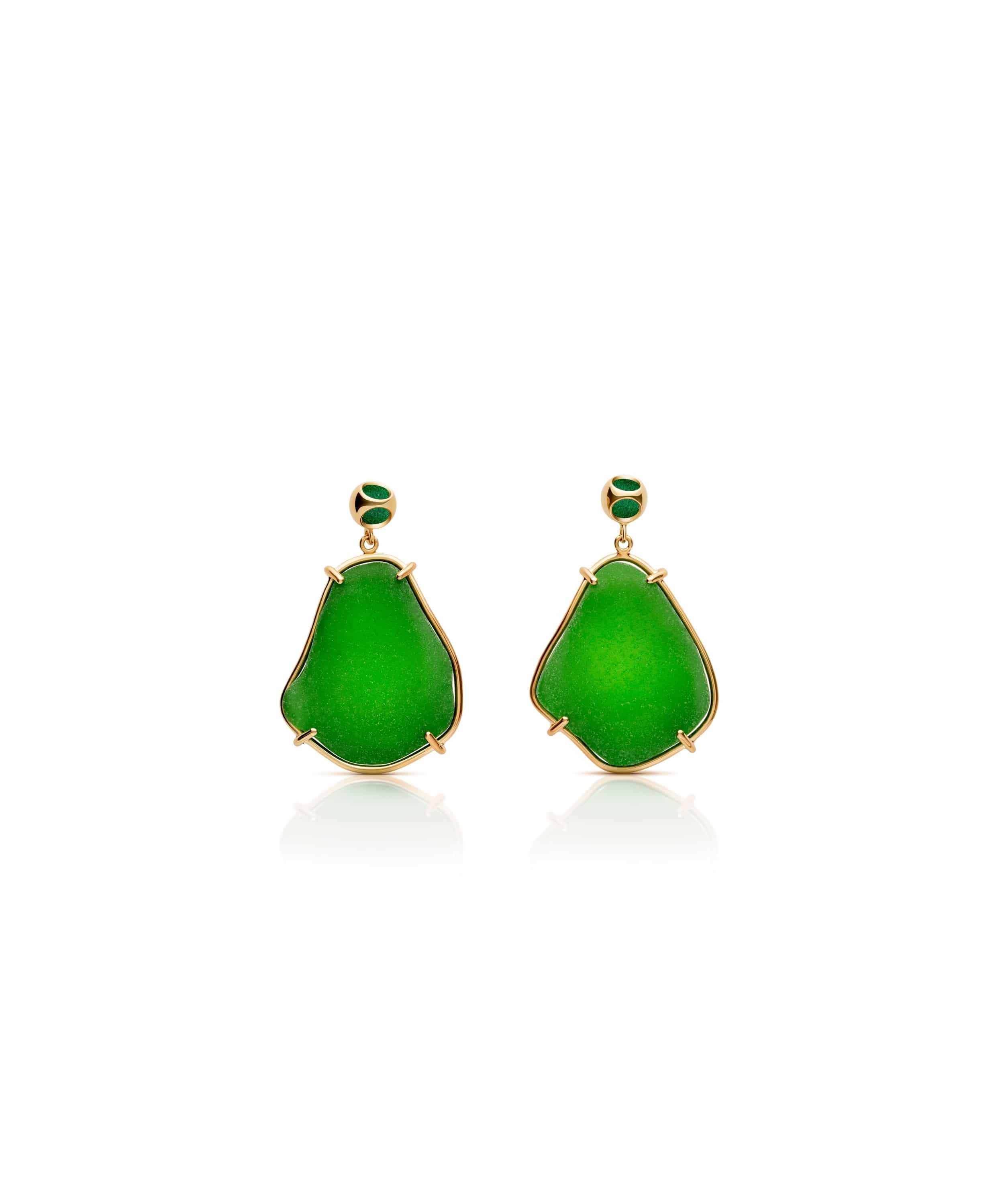 MVSG-A1-GJG-Seaglass Shore Earrings-Gold Jazzy Green Seaglass Shore Earrings - Image 1