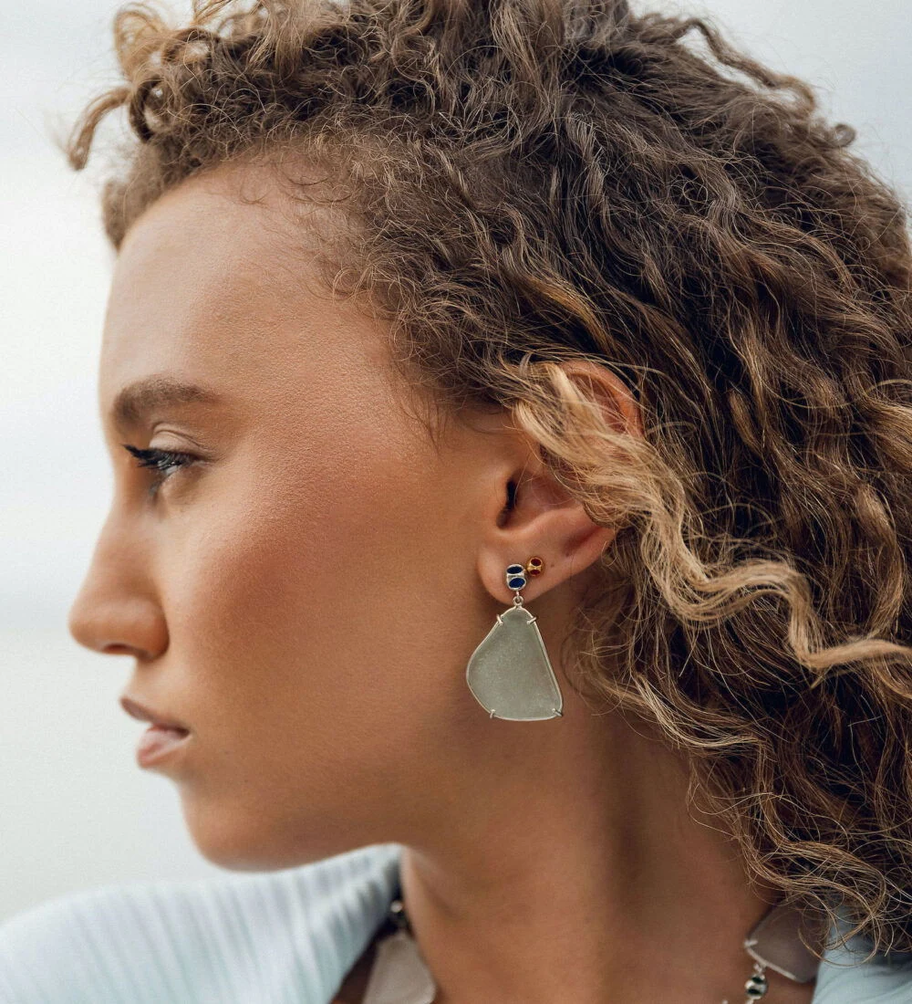 Elegant seaglass earrings with colorful accents, perfect for beach-inspired jewelry looks.