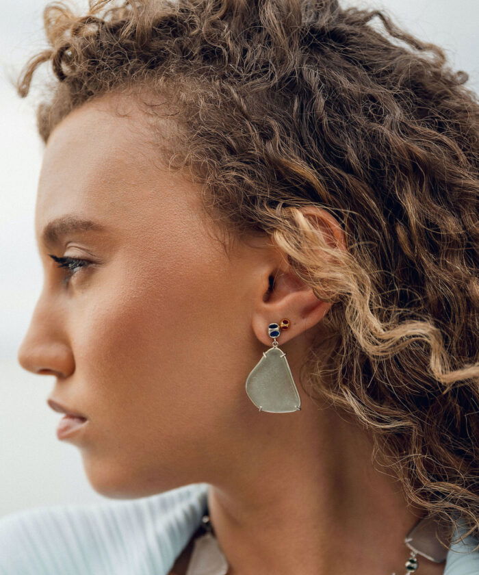 Elegant seaglass earrings with colorful accents, perfect for beach-inspired jewelry looks.