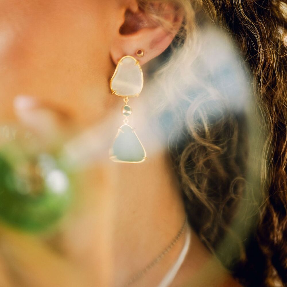 Stunning seaglass tide earrings with gold setting and pearl accents from Monica Varela.