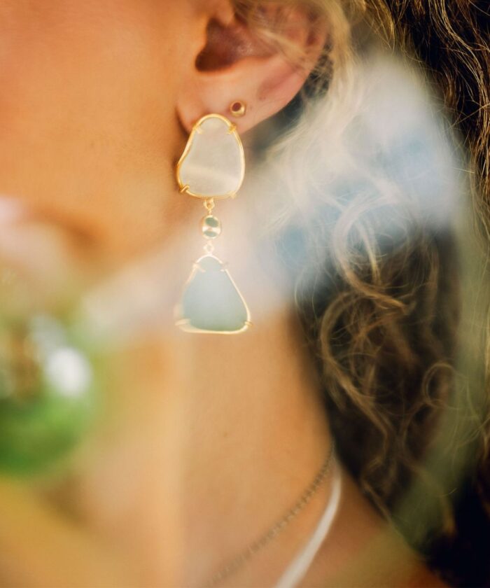 Stunning seaglass tide earrings with gold setting and pearl accents from Monica Varela.