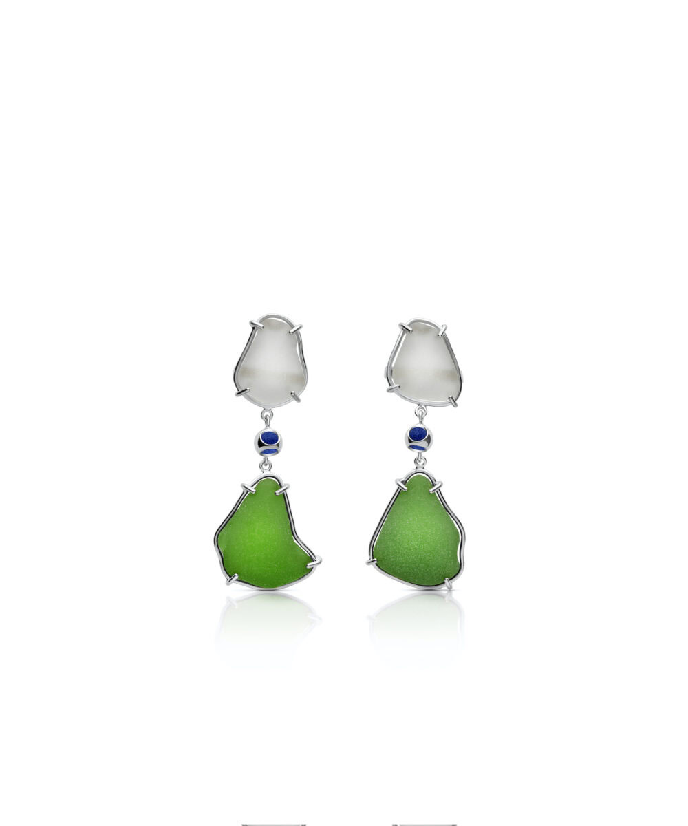 Colorful sea glass earrings with vibrant green, white, and blue accents for a beach-inspired jewelry look.