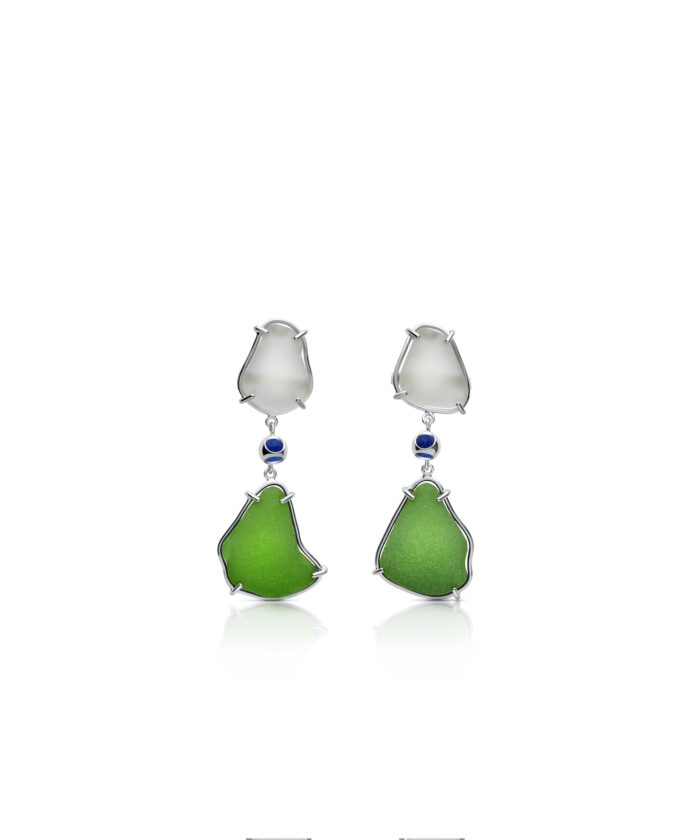 Colorful sea glass earrings with vibrant green, white, and blue accents for a beach-inspired jewelry look.