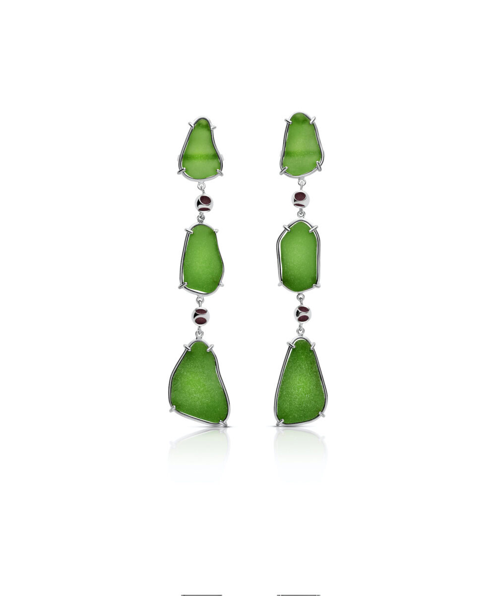 Elegant ocean-inspired green seaglass earrings with silver accents for beachy, boho style.