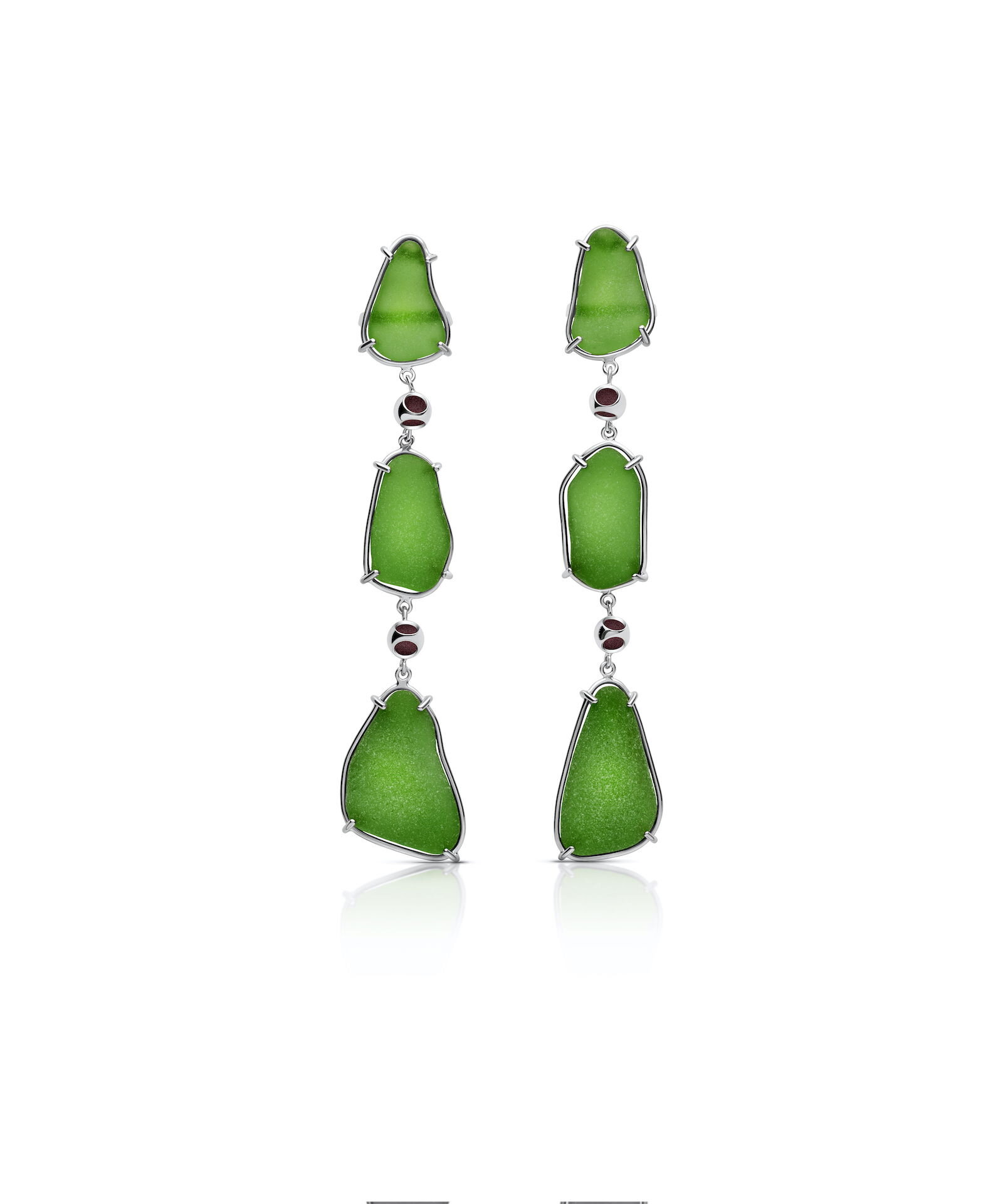 Seaglass Waves Earrings Elegant ocean-inspired green seaglass earrings with silver accents for beachy, boho style.