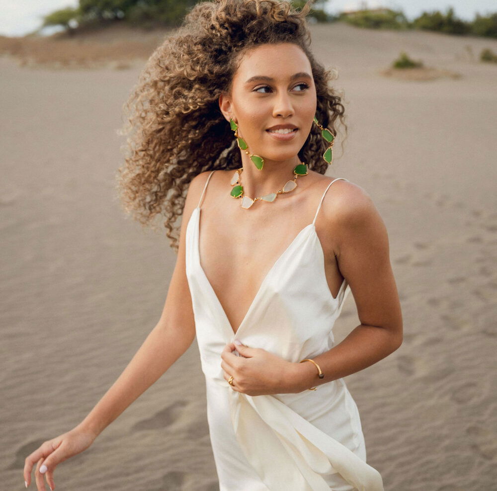 Bright green seaglass jewelry, perfect beach jewelry accessories, Monica Varela style.