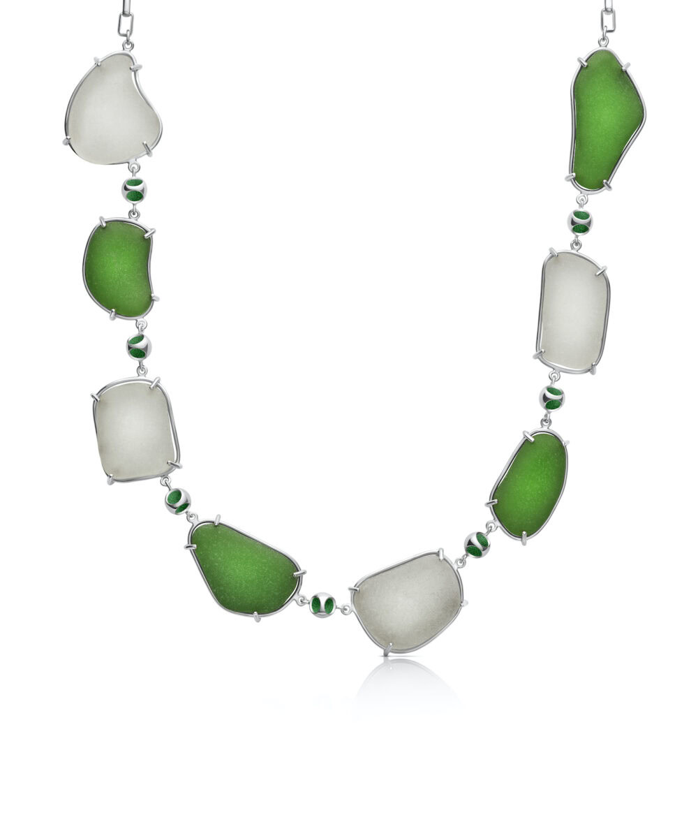 Vibrant green and white sea glass necklace with silver accents, perfect for coastal fashion enthusiasts.