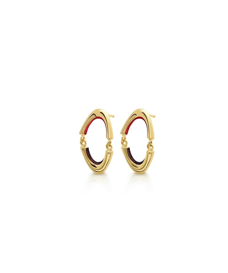 Cosmoi Earrings in 925 sterling silver with 18k gold plating and burgundy and red microfiber