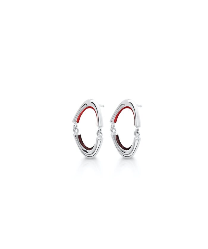 Elegant silver hoops with red detailing for a modern sophisticated look.