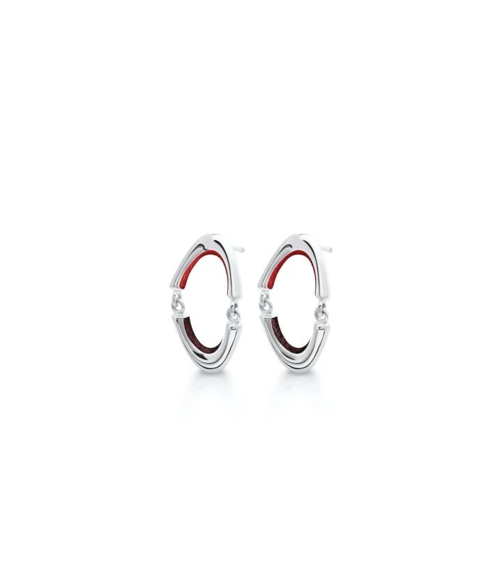 Elegant silver hoops with red detailing for a modern sophisticated look.