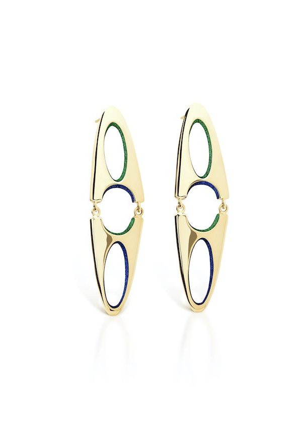 Milieu Earrings in 925 sterling silver with 18k gold plating and green and blue microfiber