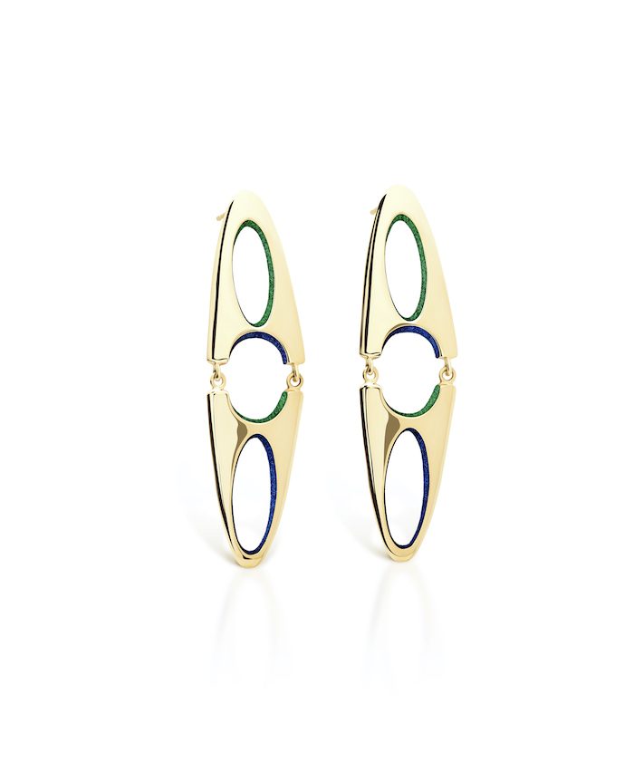 Colorful gold and enamel designer earrings with modern geometric design.
