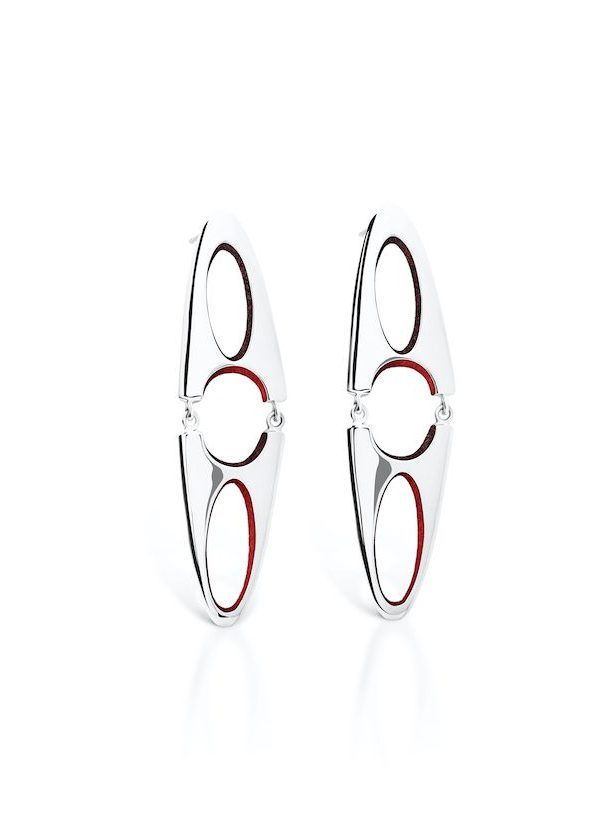 Milieu Earrings in 925 sterling silver with platinum plating and burgundy and red microfiber