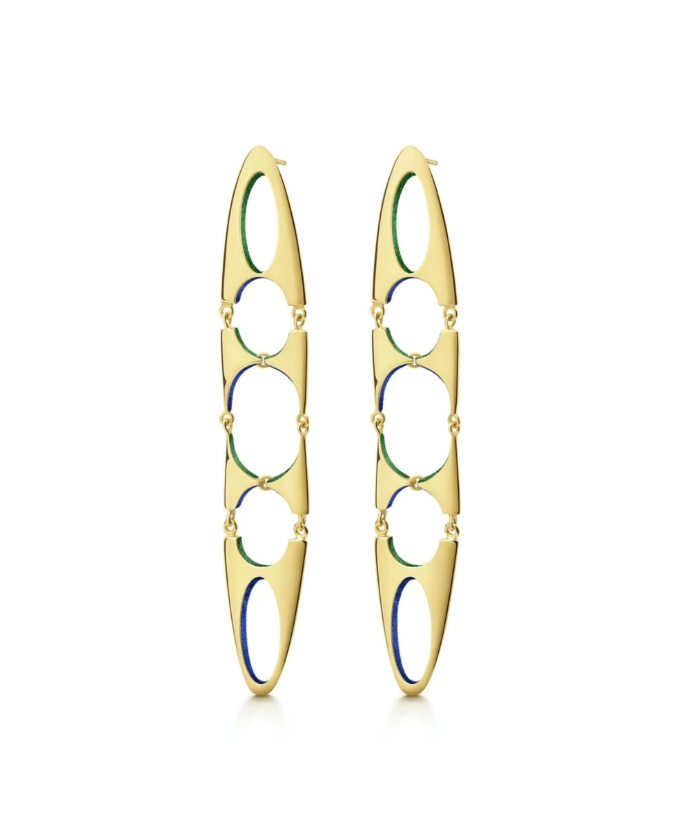 Colorful gold geometric drop earrings, statement accessory for modern fashion.