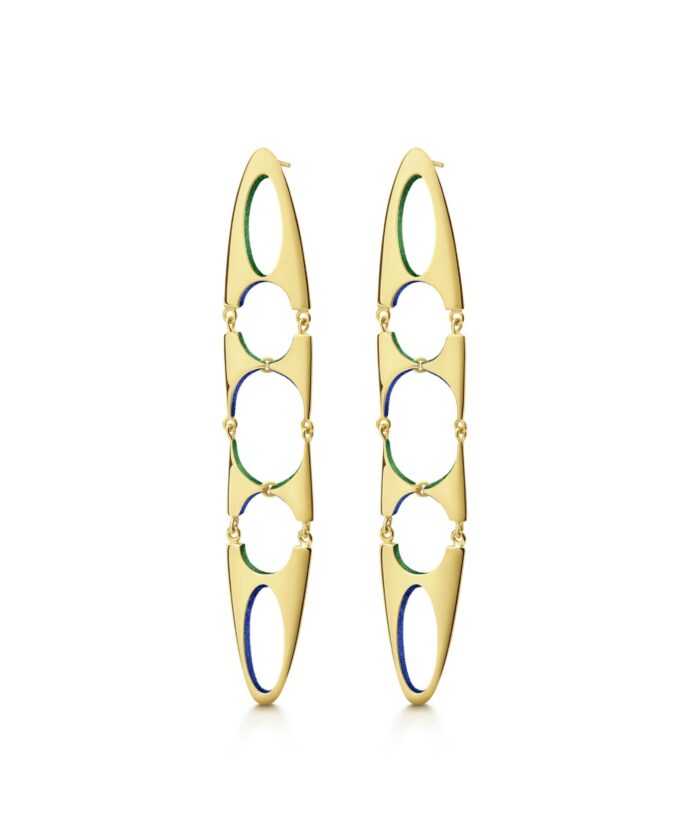 Colorful gold geometric drop earrings, statement accessory for modern fashion.