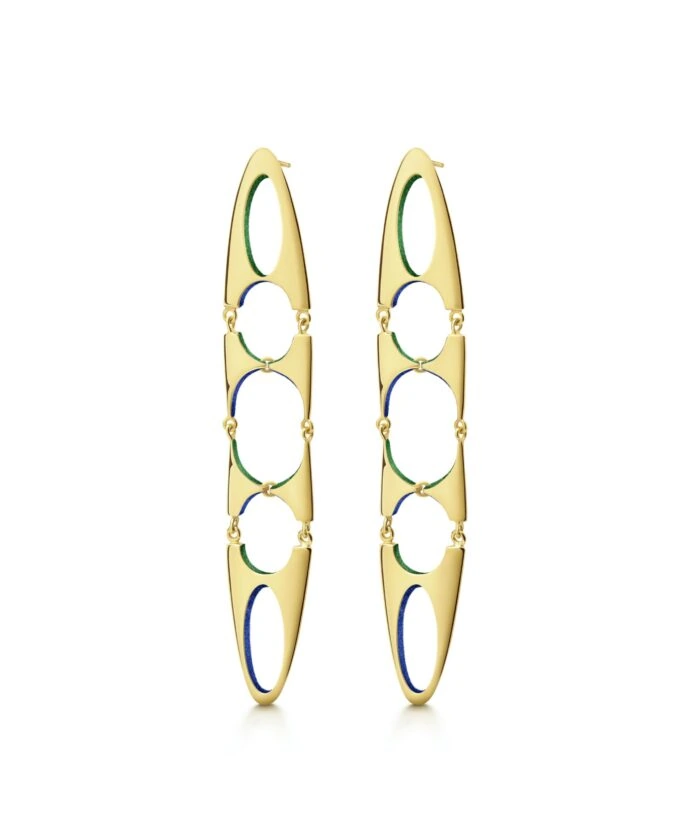 Colorful gold geometric drop earrings, statement accessory for modern fashion.