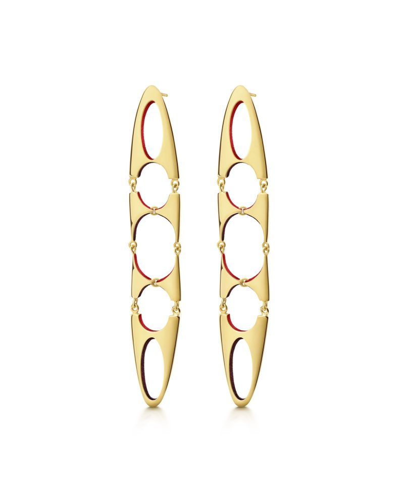 Odyssey Earrings in 925 sterling silver with 18k gold plating and burgundy and red microfiber