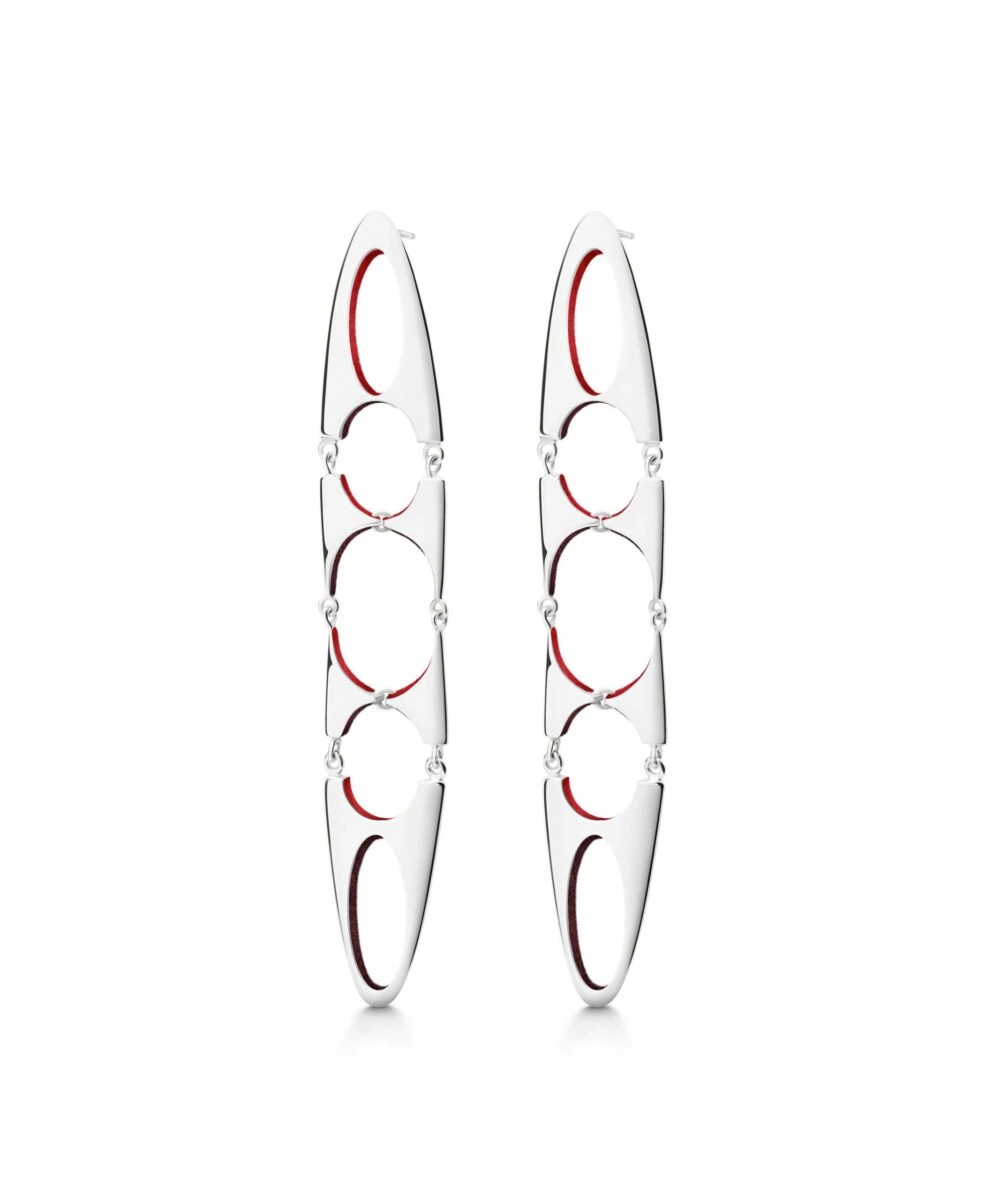 Elegant silver and red enamel Odyssey earrings by Monica Varela, perfect for stylish accessories.
