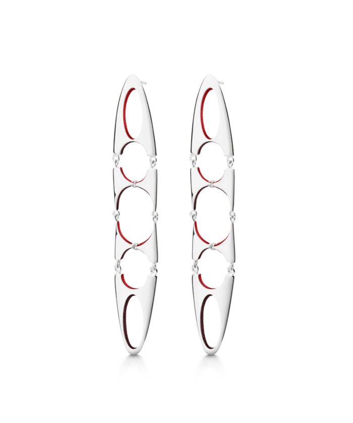 Elegant silver and red enamel Odyssey earrings by Monica Varela, perfect for stylish accessories.