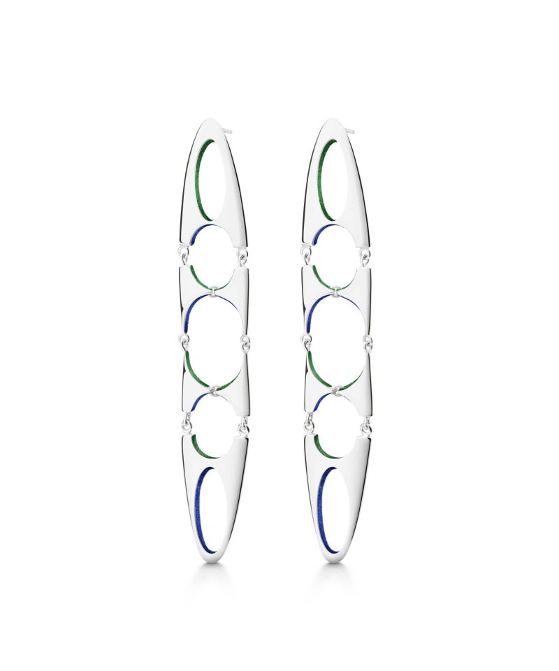 Odyssey Earrings in 925 sterling silver with platinum plating and green and blue microfiber