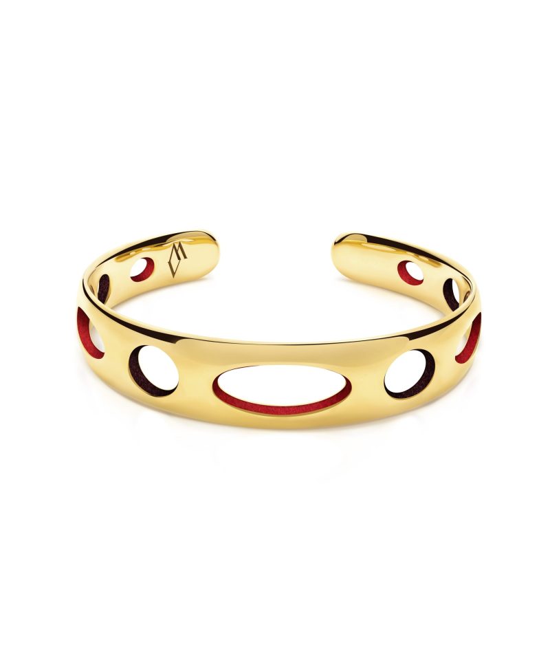 Tara Cuff in 925 sterling silver with 18k gold plating and burgundy and red microfiber