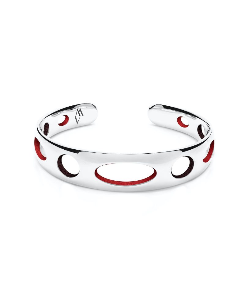 Tara Cuff in 925 sterling silver with platinum plating and burgundy and red microfiber