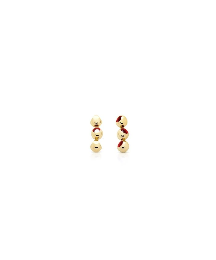 Stylish Trinity mini dangle earrings with gold finish and red accents. Perfect for casual or dressy occasions.