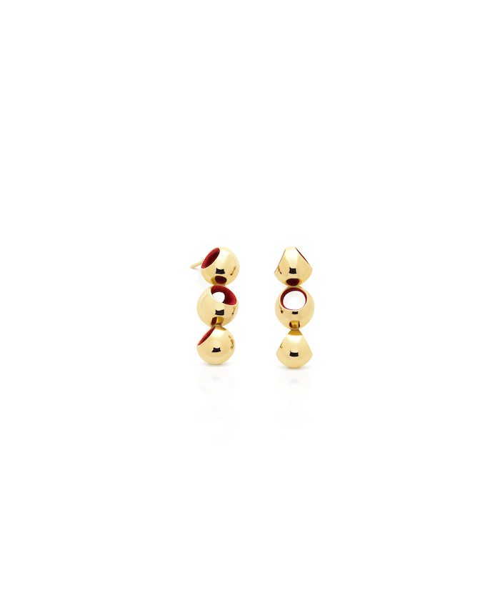 Gold dangle earrings with red and black details, stylish jewelry for women.