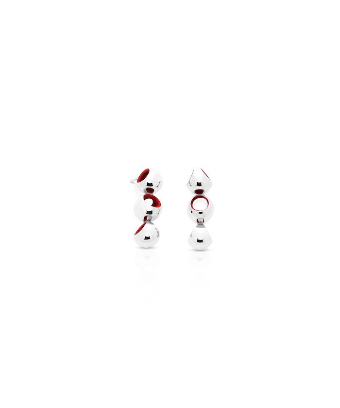 Stylish Trinity dangle earrings with sleek silver and red accents, perfect for modern fashion.