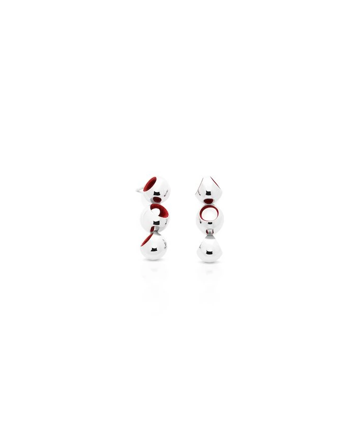 Stylish Trinity dangle earrings with sleek silver and red accents, perfect for modern fashion.