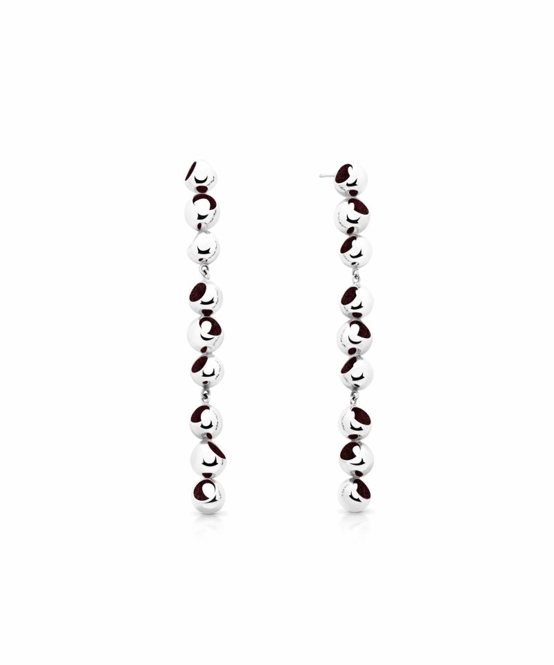 Trinity Long Dangle Earrings in 925 sterling silver with platinum plating and burgundy microfiber