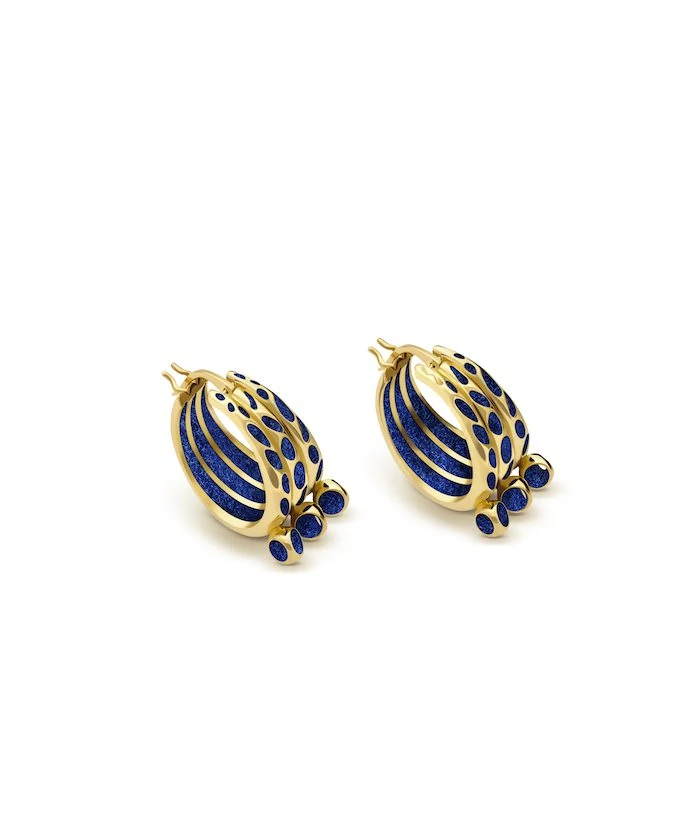 Elegant gold and blue mosaic hoop earrings for women. Perfect jewelry for sophisticated style.
