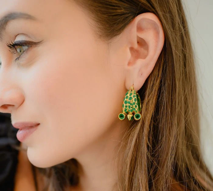 Elegant green and gold mosaic hoop earrings with intricate design, perfect for stylish accessories.
