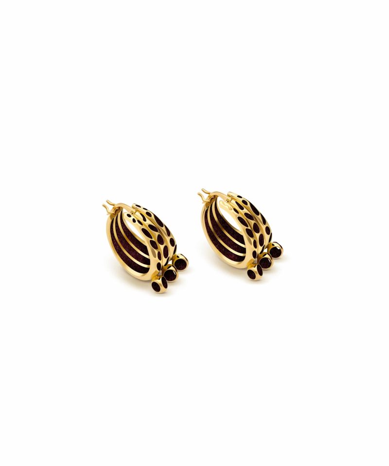 Mosaic Trinity Hoop Earrings in 925 sterling silver with 18k gold plating and burgundy microfiber