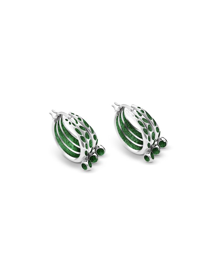 Elegant green and silver insect-inspired hoop earrings with intricate cutout details.