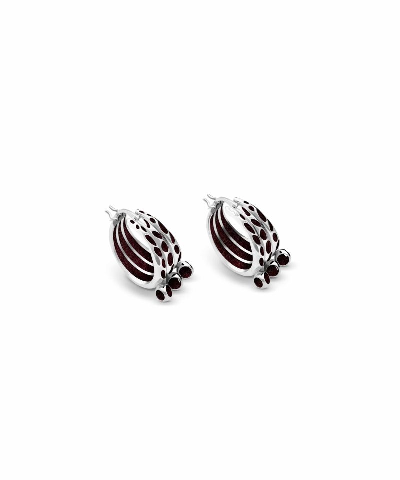 Mosaic Trinity Hoop Earrings in 925 sterling silver with platinum plating and burgundy microfiber