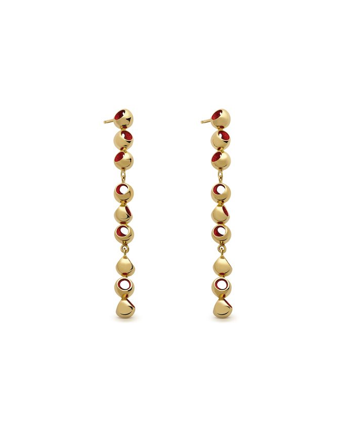 Gold dangle earrings with red accents and modern design for women.