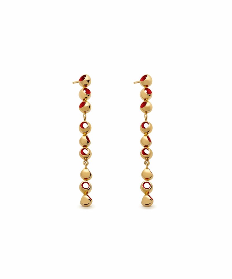 Trinity Mini Long Dangle Earrings in 925 sterling silver with 18k gold plating and red microfiber