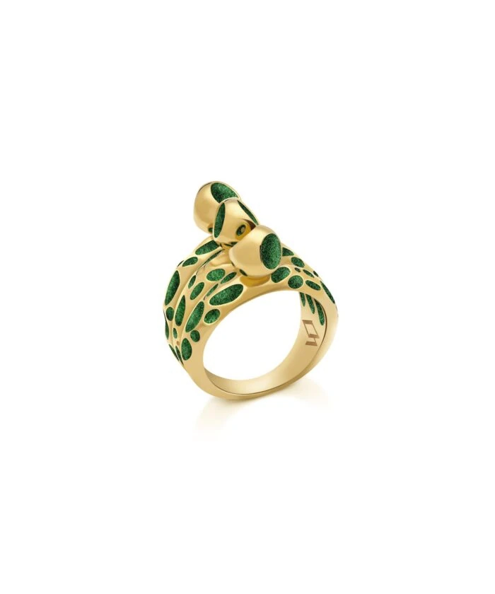 Stylish gold ring with intricate green enamel leaf design and three polished gold balls, perfect for luxury jewelry lovers.