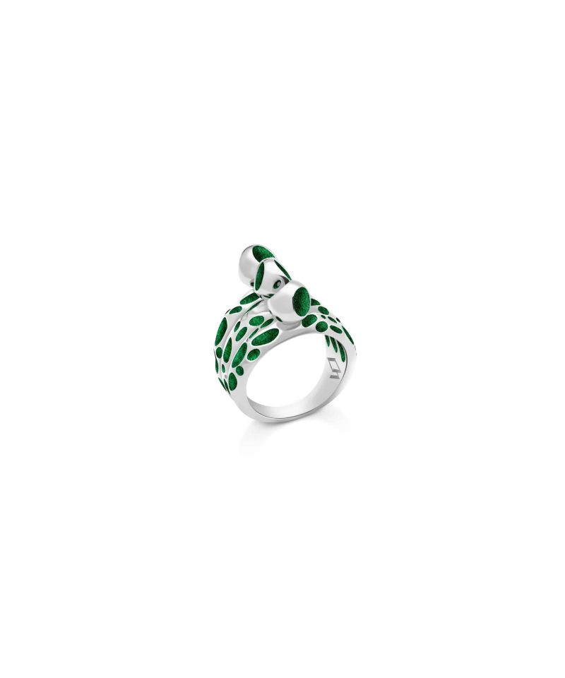 Mosaic Trinity Ring in 925 sterling silver with platinum plating and green microfiber