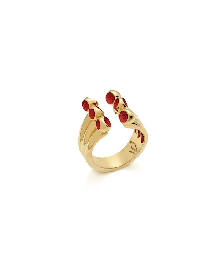 Luxurious gold ring with striking red accents, perfect for elegant jewelry collection.