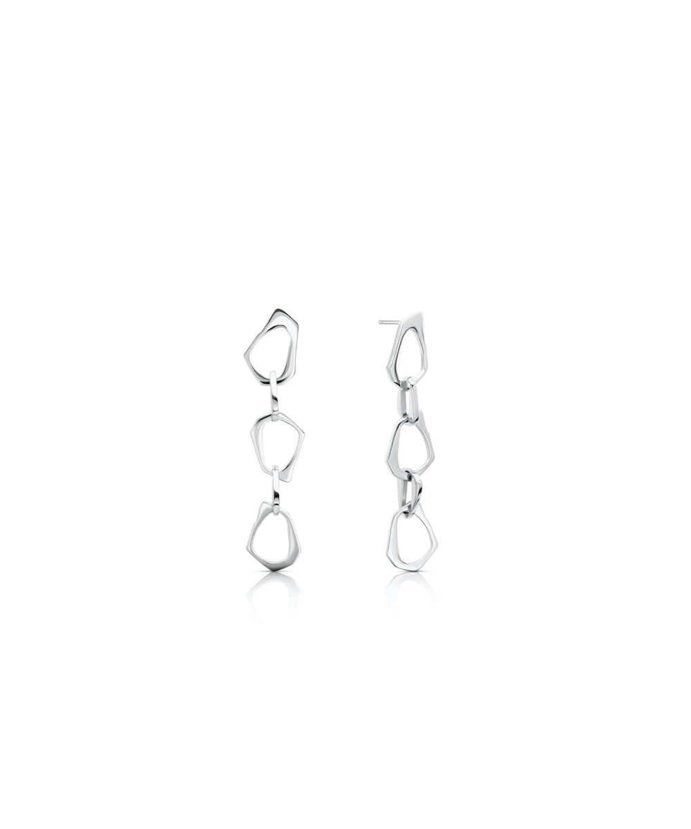Stylish silver drop earrings with geometric link design for modern fashion. Perfect for special occasions.