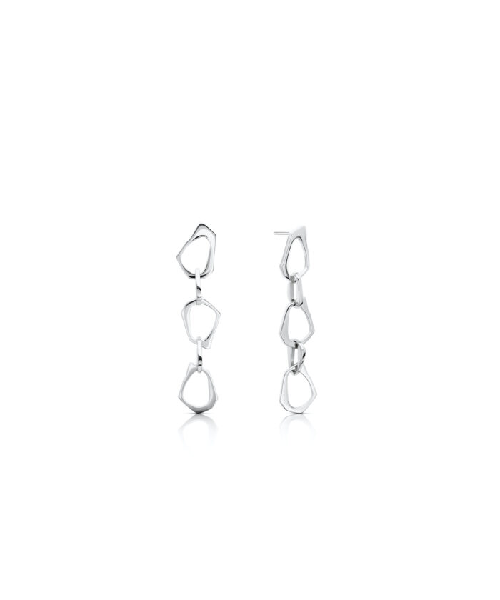 Stylish silver drop earrings with geometric link design for modern fashion. Perfect for special occasions.