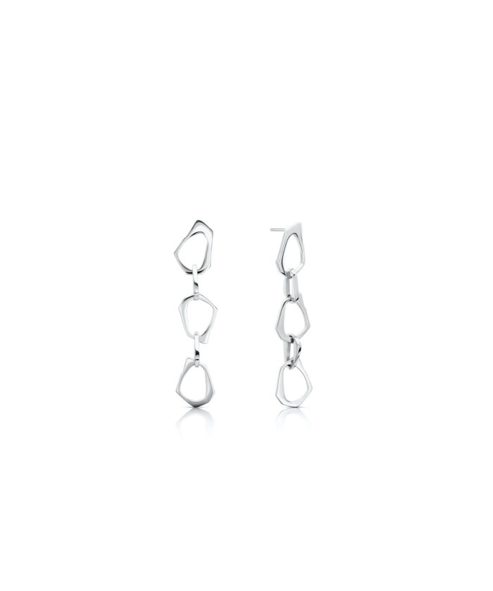 Stylish silver drop earrings with geometric link design for modern fashion. Perfect for special occasions.