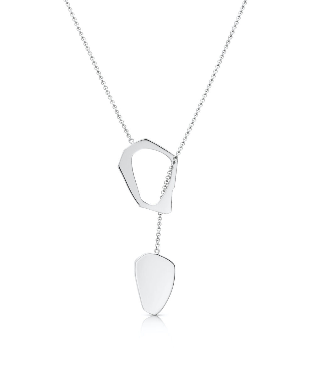 Elegant silver union lariat necklace with geometric pendant, perfect for modern jewelry lovers.