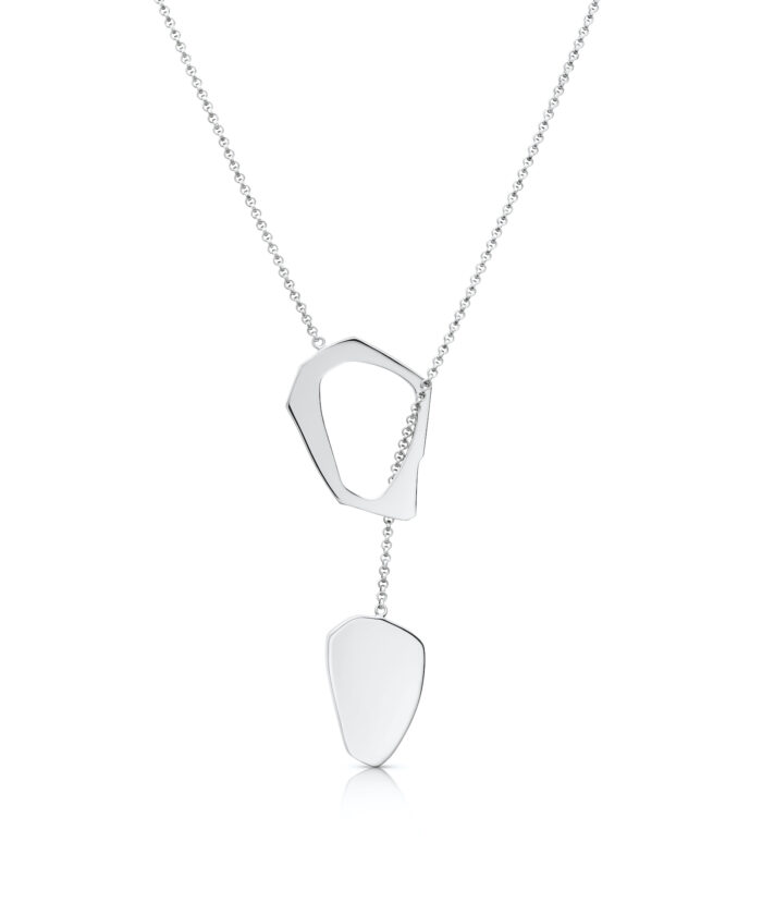 Elegant silver union lariat necklace with geometric pendant, perfect for modern jewelry lovers.