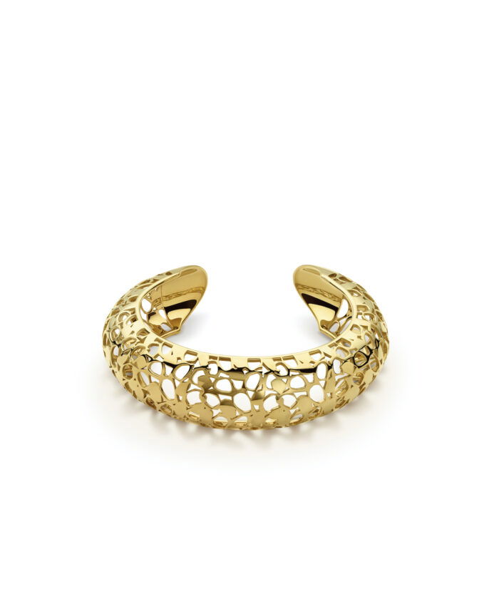 Detailed gold beauty, Heritage Cuff jewelry with intricate openwork design.