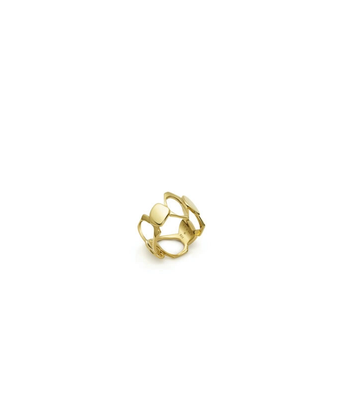 Elegant gold ring with modern, abstract open design. Perfect for fashion-forward jewelry lovers.