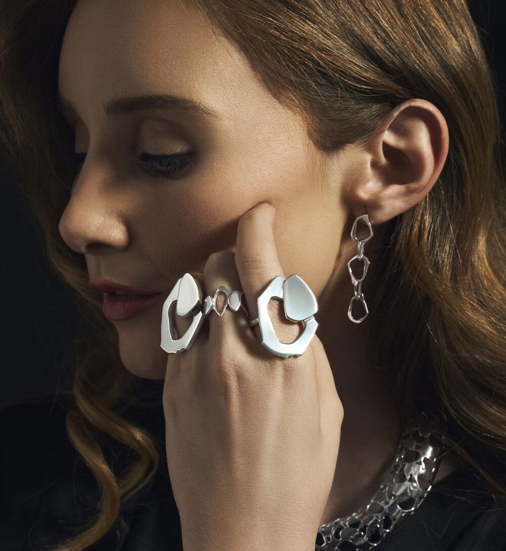 Elegant silver jewelry featuring modern geometric designs.